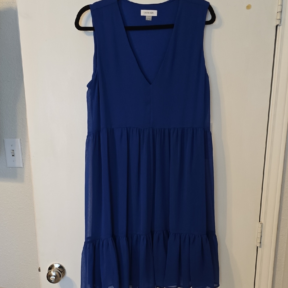 Calvin Klein Cobalt V-Neck Sleeveless Tiered Midi Dress
